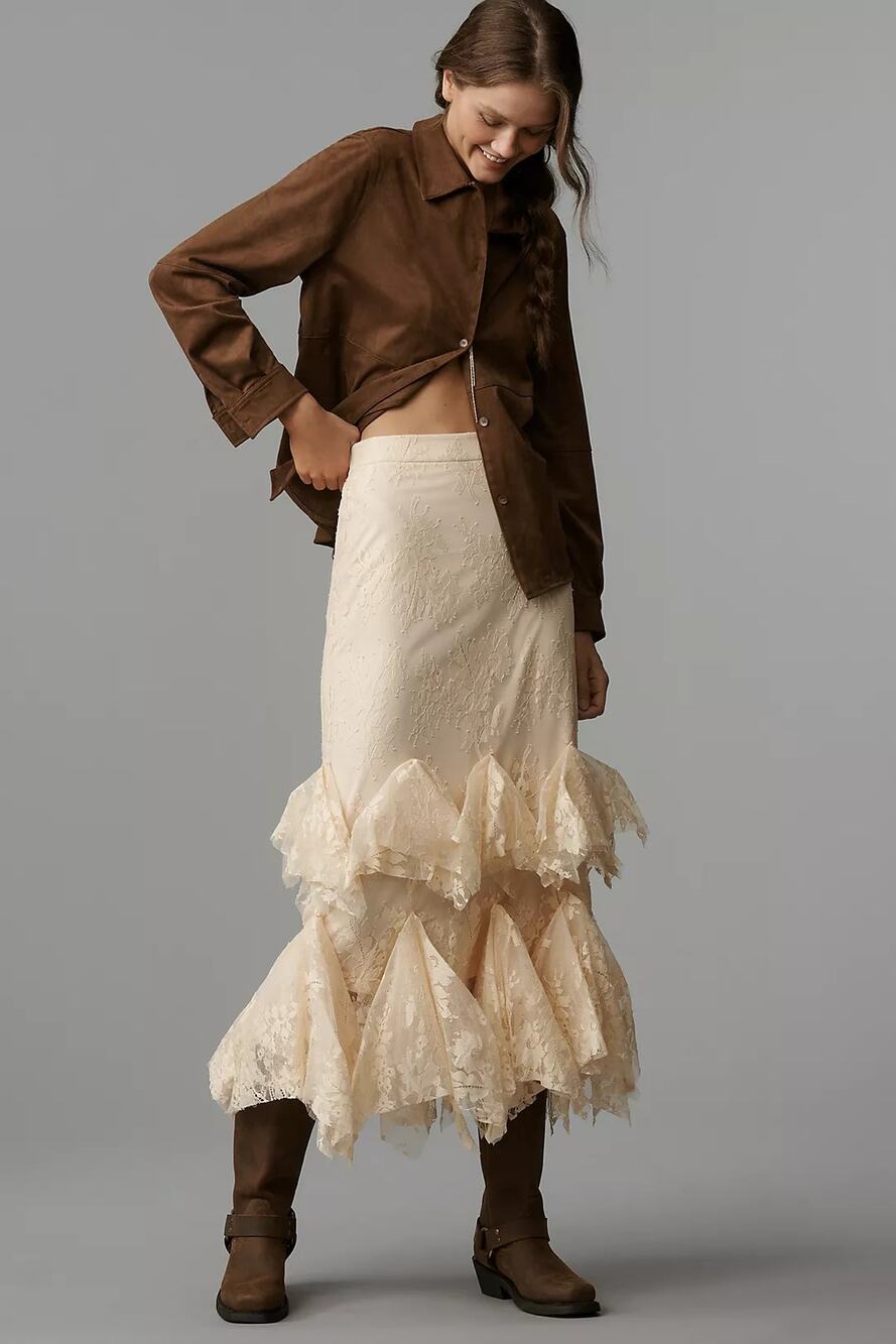 NWT Anthropologie Mare Mare Lace Tiered Midi Skirt $258 X-SMALL Tan BOHO CHIC